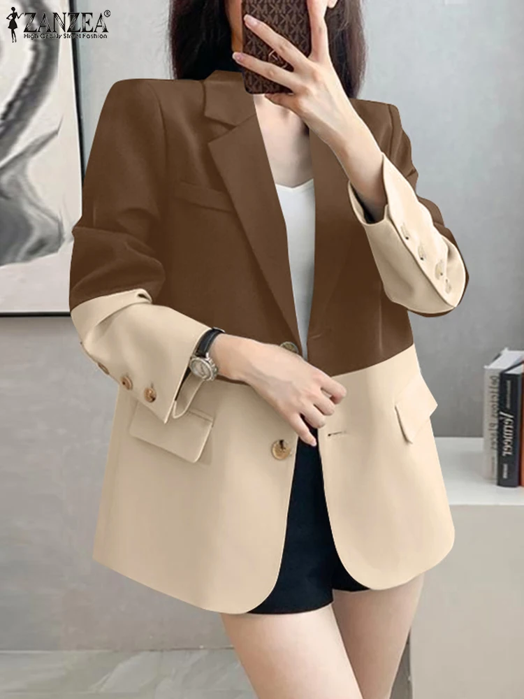 ZANZEA Office Wear Contrast Kleur Blazer Losse Casual Revers Hals Herfst 2024 Lange Mouw Blazer Vrouwen Koreaanse Stijl Colberts