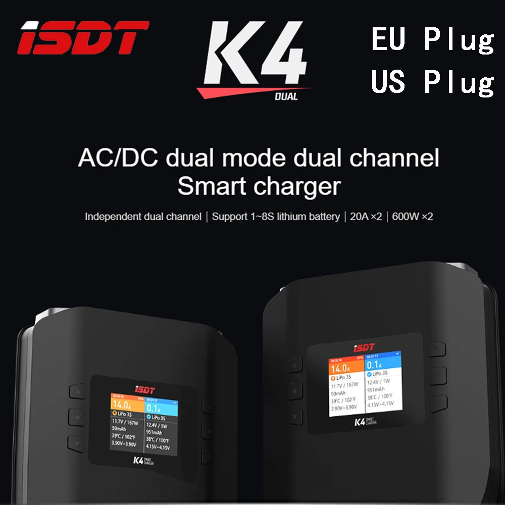 ISDT K4 1~8S Lithium Battery Smart Charger AC 400W/DC 600Wx2 Independent Dual Channel for Lipo Battery Charge RC Model Toy