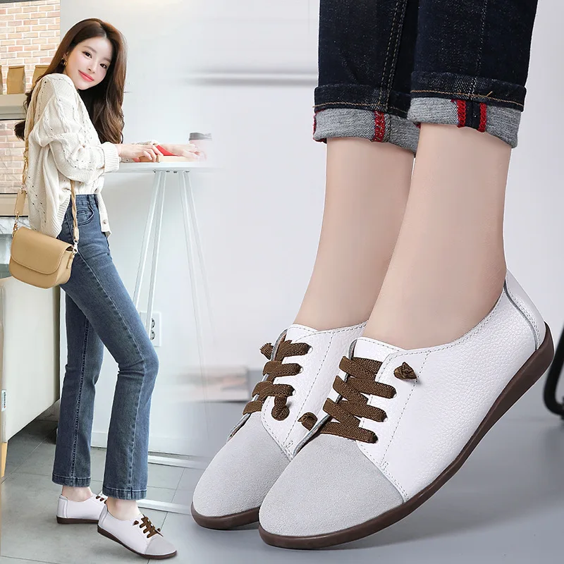 Leather Shoes Woman Spring Ladies Shoes Non-slip Flats Lace Up Sneakers Women Oxford Shoes Plus Size Moccains ladies shoes