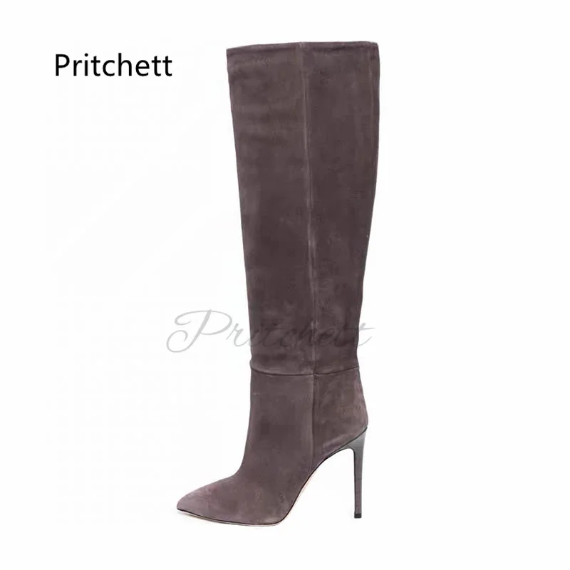 

Suede High Heels Knee High Boots for Women Pointy Toe Straight Tube Slip On Solid Stiletto Heel Long Boot Winter Shoes Lady