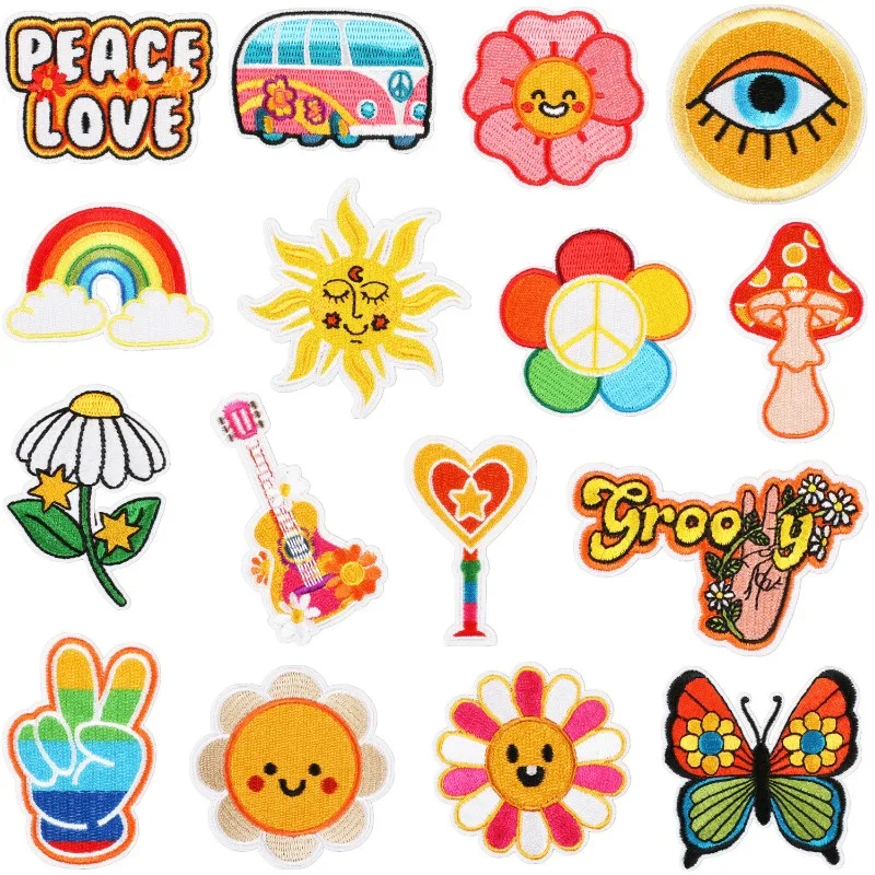 Hot Cartoon Embroidery Patch DIY Bus Rainbow Sunflower Stickers Adhesive Badges Iron On Patches Emblem Clothing Bag Accessories