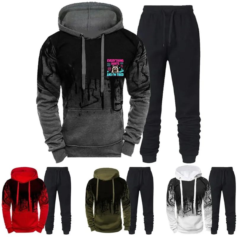 Men's Hoodie Black Printed Pattern & Text Everything is About Times Casual Sportswear Sweatshirt Set for Outdoor Activities and