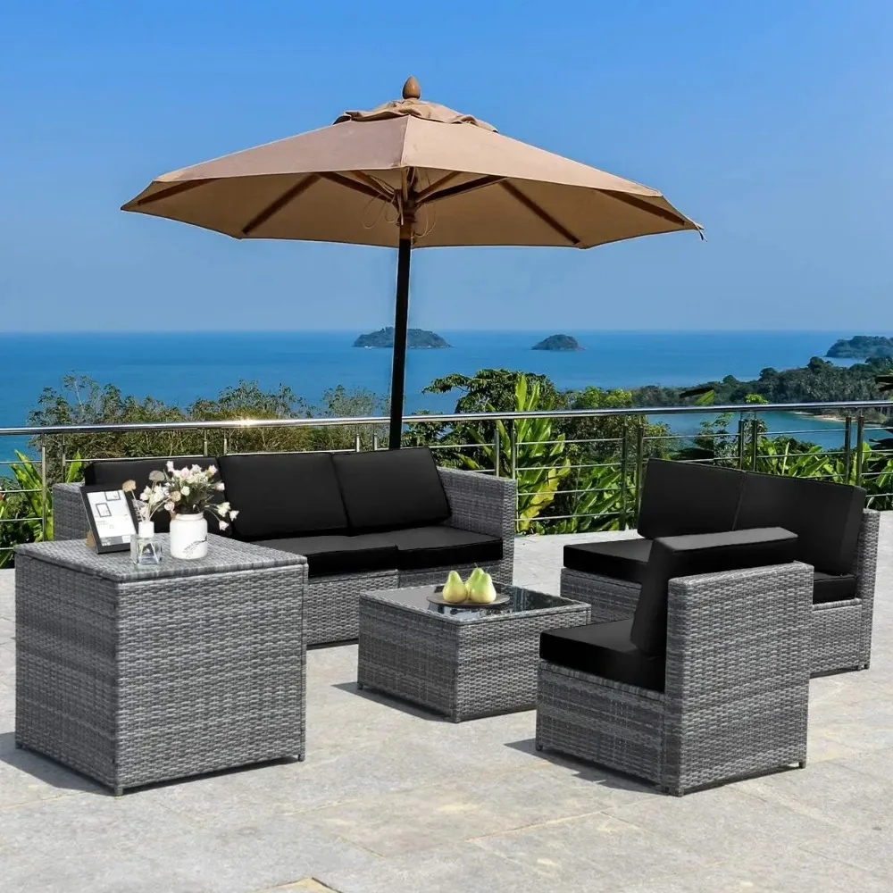 

8 PCS Outdoor Patio Furniture Set,Rattan Wicker Sofa Set,Sectional Sofa Couch Conversation Set,Storage Table,Zippered Cushions