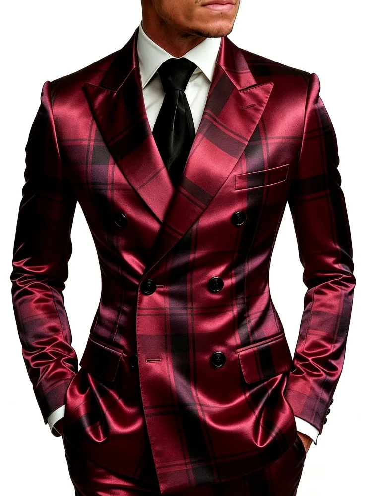 Mens Premium Retro Wine Red Check Print Satin Double Breasted Slim Blazer Formal Prom Gala Men Formal Suit Coat