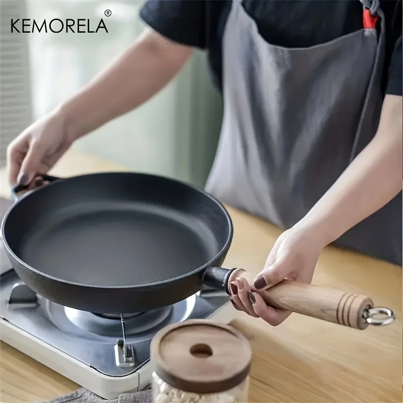 KEMORELA 25cm Cast Iron Frying Pan With Wooden Handle Non-Stick Iron Pan For Omelette Pan Uncoated Pan Gas Stove Electric Stove