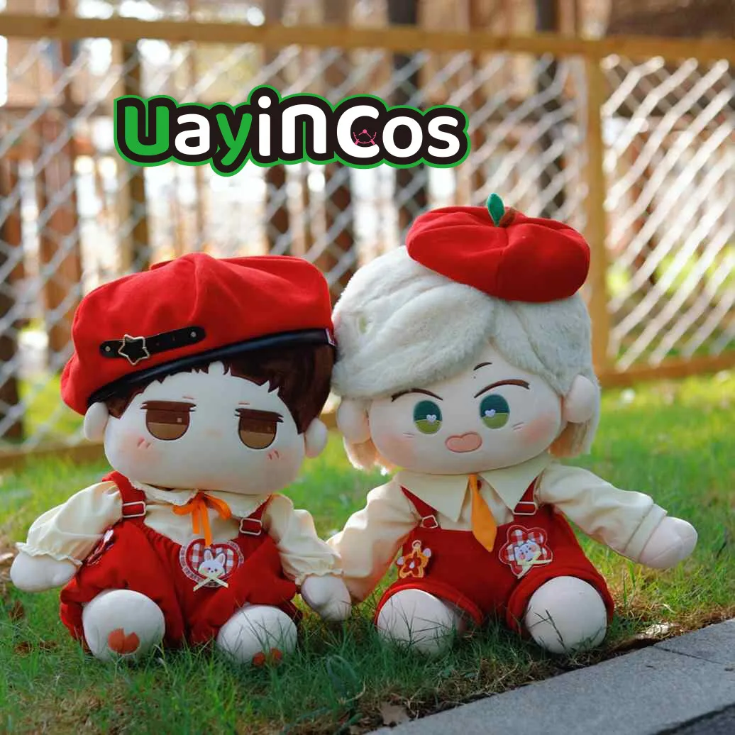 40cm Doll Clothes Strawberry Cheese Casual Red Beret Overalls Suit Stuffed Plushies Plush Doll Accessories Anime Toy For Kids G