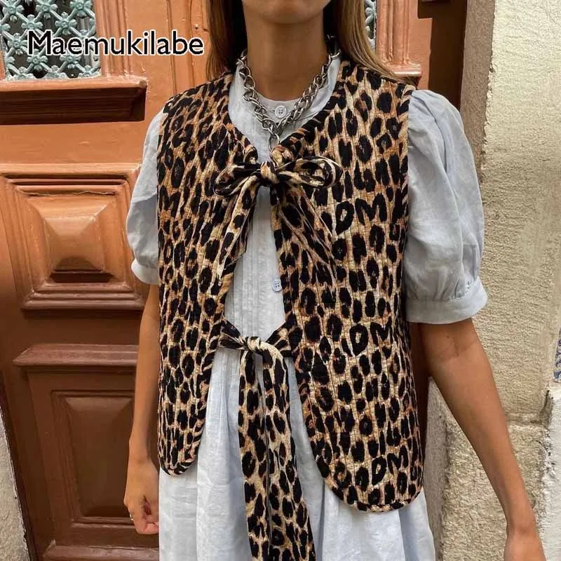 

Maemukilabe Leopard Print Waistcoat Bowknot Front Sleeveless V-Neck Vest Vintage Jacket Cardigan Women Chic Fashion Streetwear