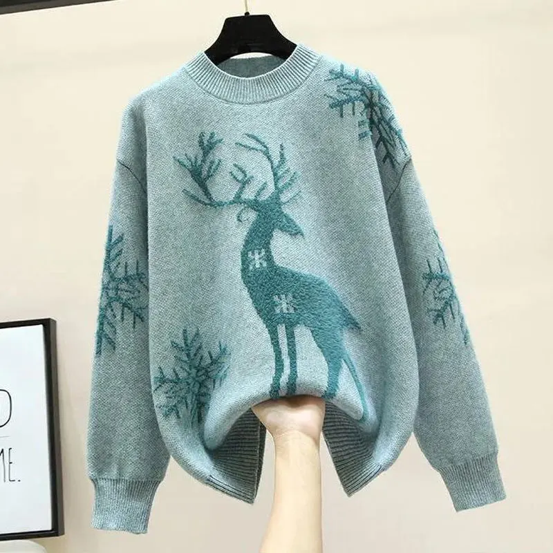 2023 Autumn Winter New Cartoon Christmas Elk Casual Knitted Sweaters Commute Elegant Solid Color Thick Warm Chic O-Neck Jumpers