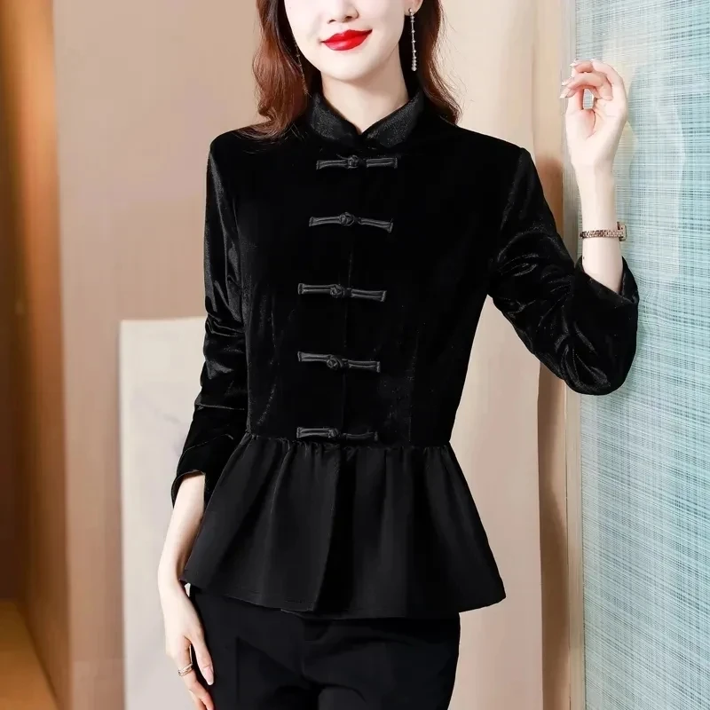 2024 Spring Women's Long Sleeve Golden Velvet Blouse Top Grade Retro Style Fashion Ladies Shirt Temperament Elegant  Lady Tops