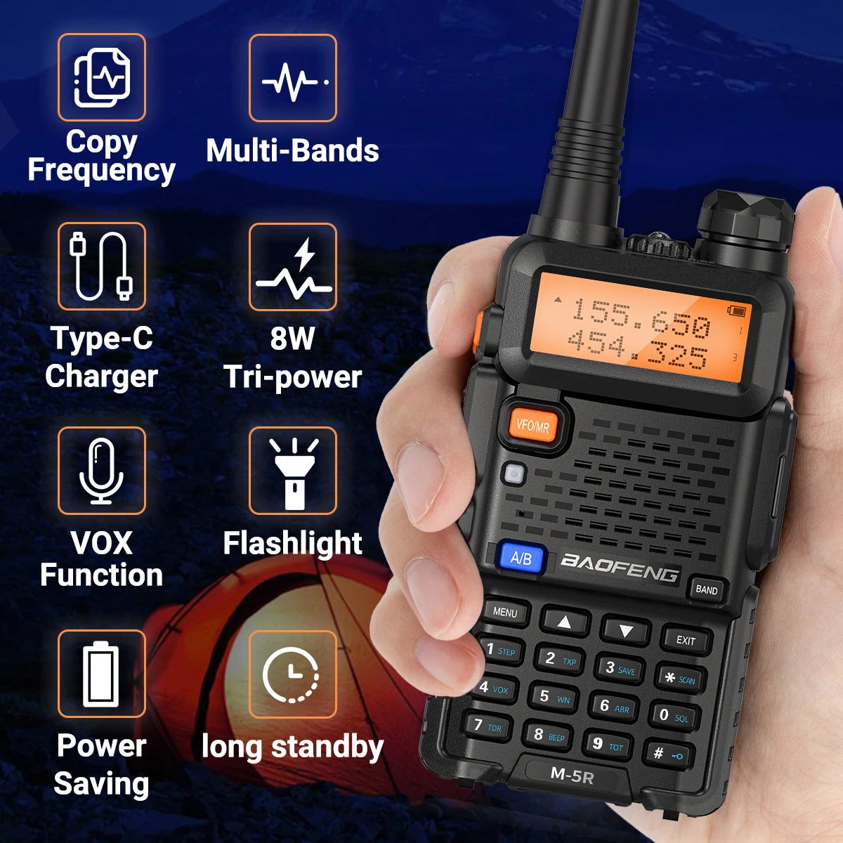 2X Baofeng M-5R Walkie Talkie High Power Wireless Copy Frequency AM Long Range Type-C Two Way Radio Commutator Amateur Ham Radio