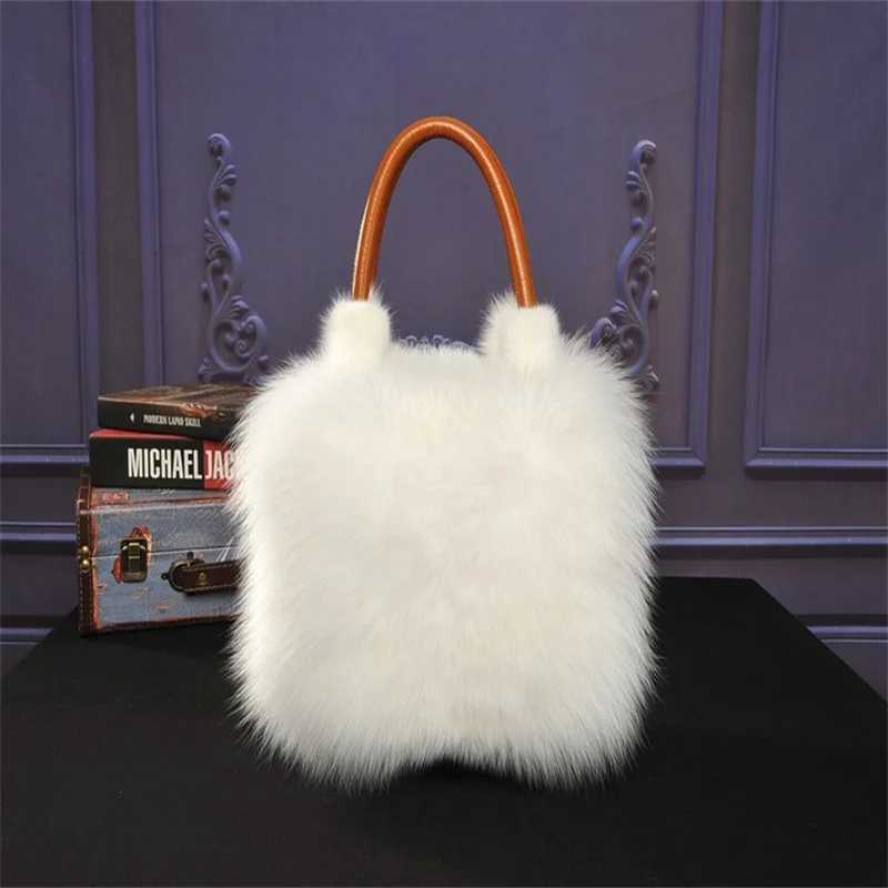 Soft Touch Fashion Fur Bag Women\'s Luxury Fox Fur Plush Tote Bag Winter Cowhide Hand Handle Single Shoulder Fur Bag