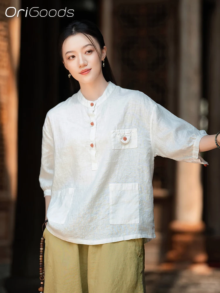 

OriGoods Linen Shirts Women 2025 Summer New Short Sleeve 100% Linen Blouse Chinese Style Loose Thin Cool Summer Tops Shirt C125