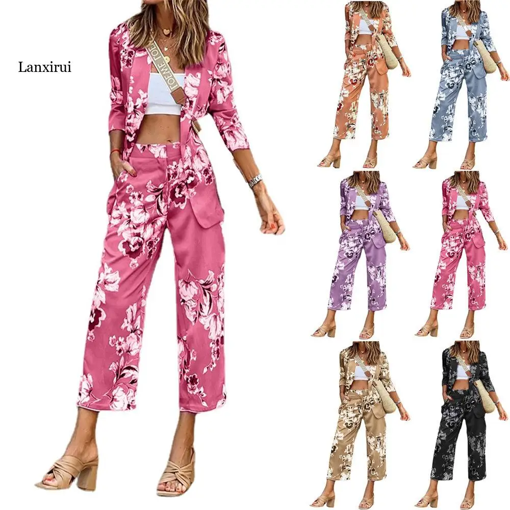 

Fashion 2 Piece Sets Women Floral Print Jacket and Pant Sets Slim Ladies Work Office Suit Outfits