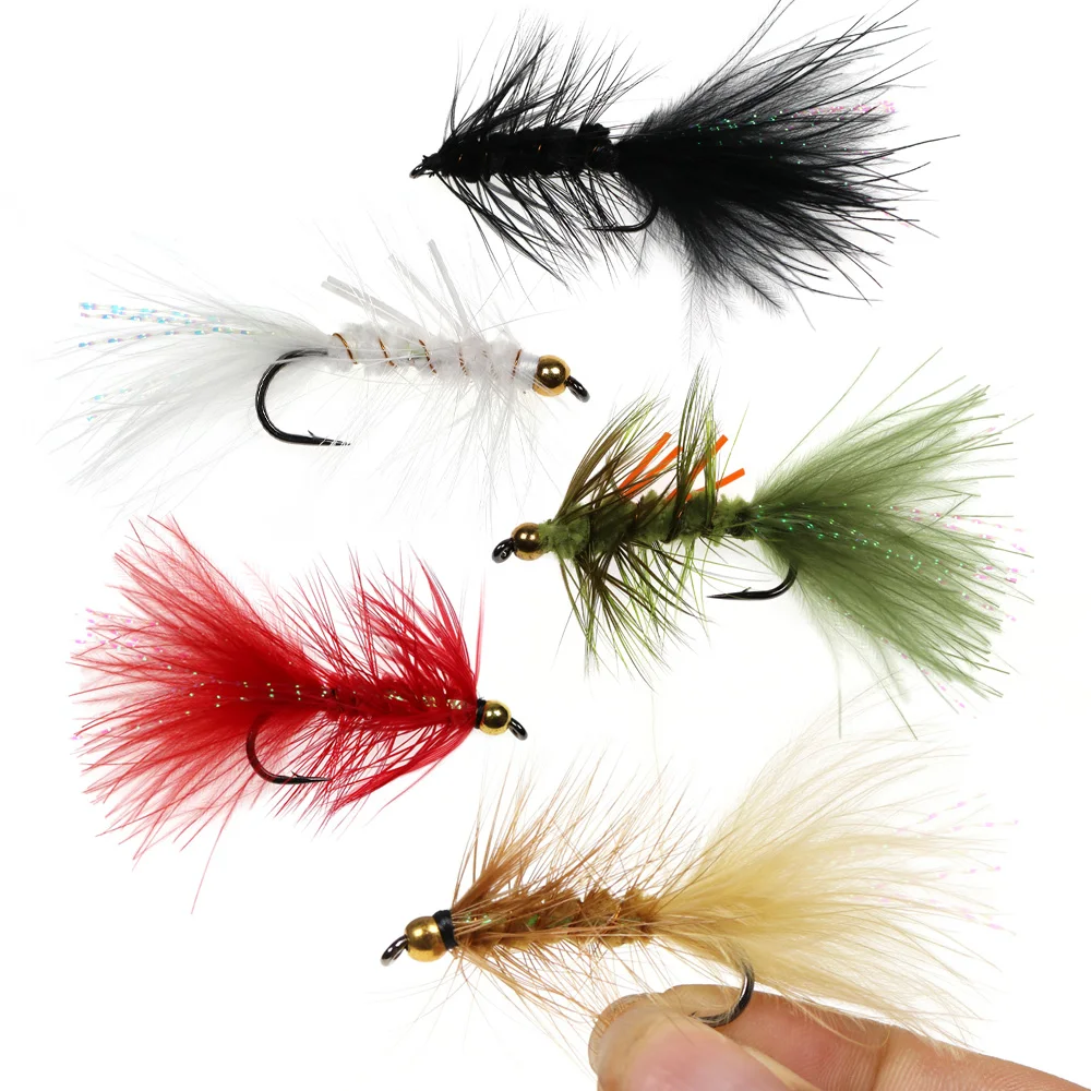 5 Stück Messing-Beadhead Woolly Bugger Streamer Salzwasser-Fliegen zum Angeln auf Steelhead, Hecht, Barsch, Regenbogenforelle, Angelköder