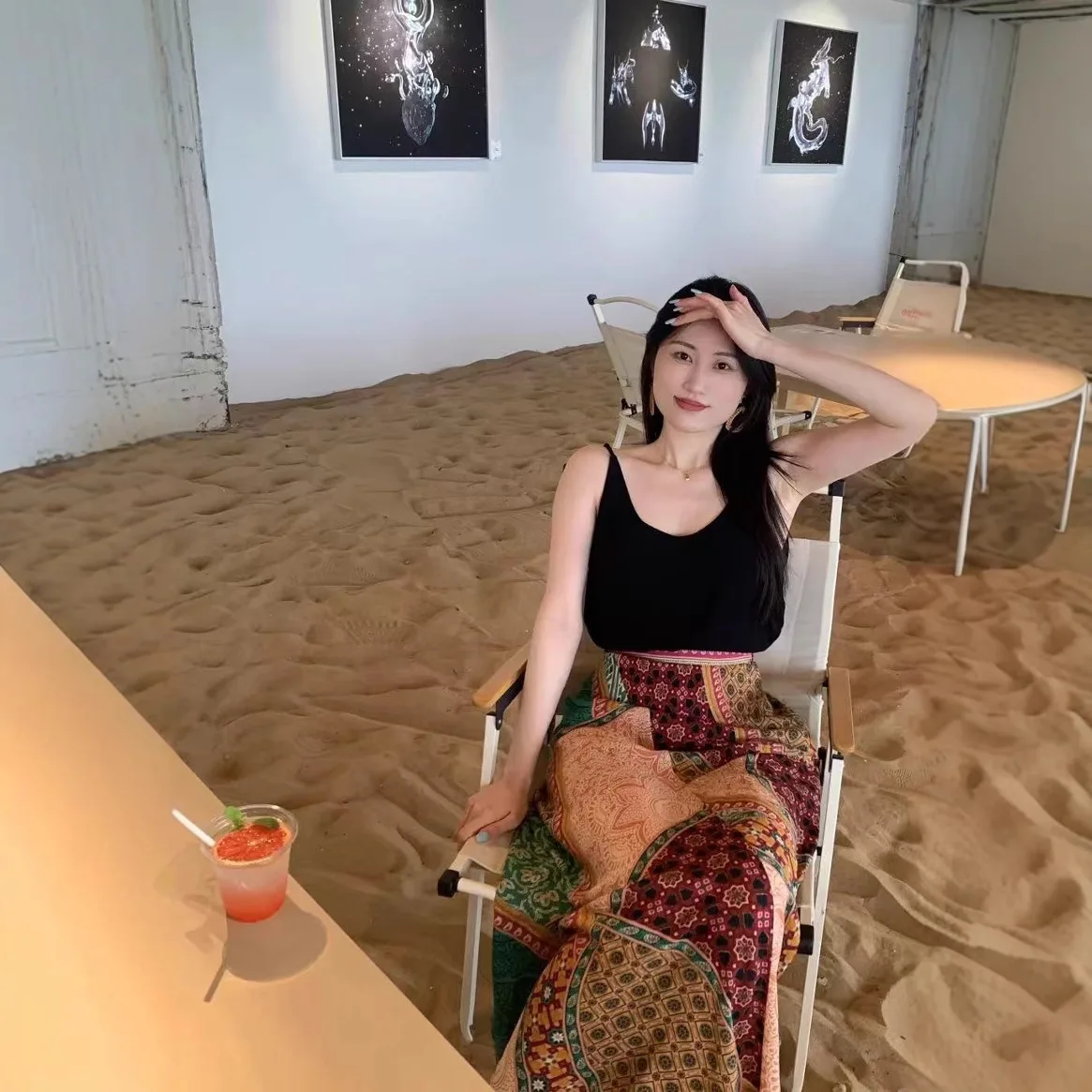 2025 Summer Fashion New Bohemian Style Aegean Love Printed High Waist Draped Pleated Fishtail Half-body Skirt