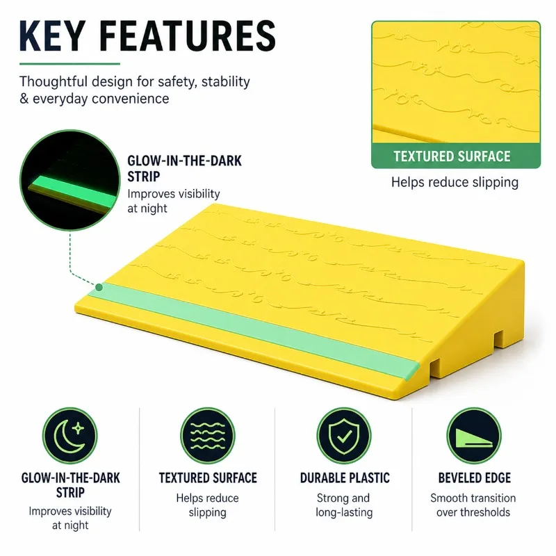 Yellow Door Threshold Ramp 25/30x10/12/13x3/4/5/6cm Plastic Wedge Ramp with Night Glow Strip for Indoor Doorways