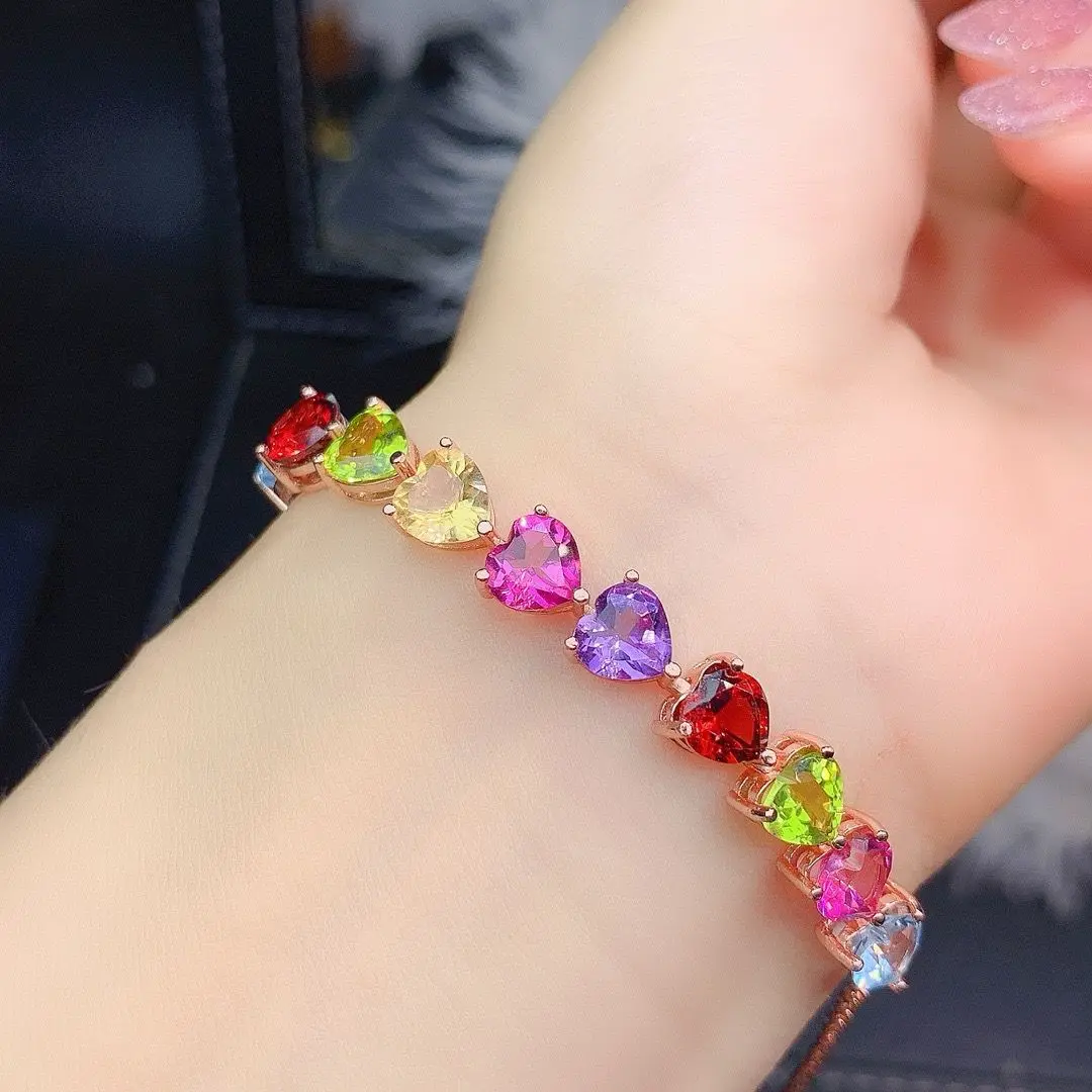 

ZECAA Silver 925 Jewelry Lady Bracelet With Natural Heart Blue Topaz Citrine Peridot Garnet Amethyst Pink Topaz Stone 6*6mm