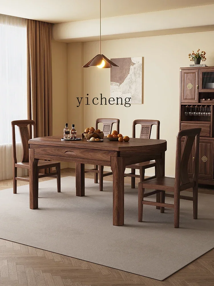 black walnut solid wood dining table and chair combination new Chinese family dining table small retractable folding