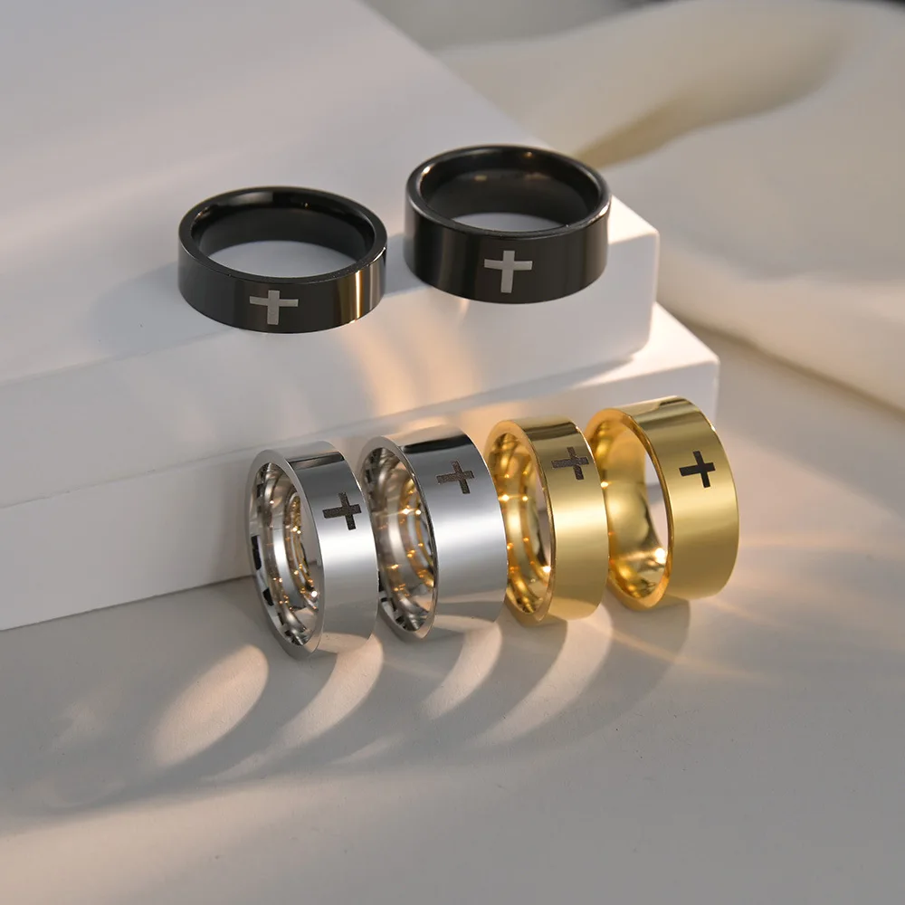 8mm 6mm Minimalism Stainless Steel Cross Jesus Ring for Men Women Gothic Hip Hop Fashion Couple Jewelry Wedding Gifts Punk ACC