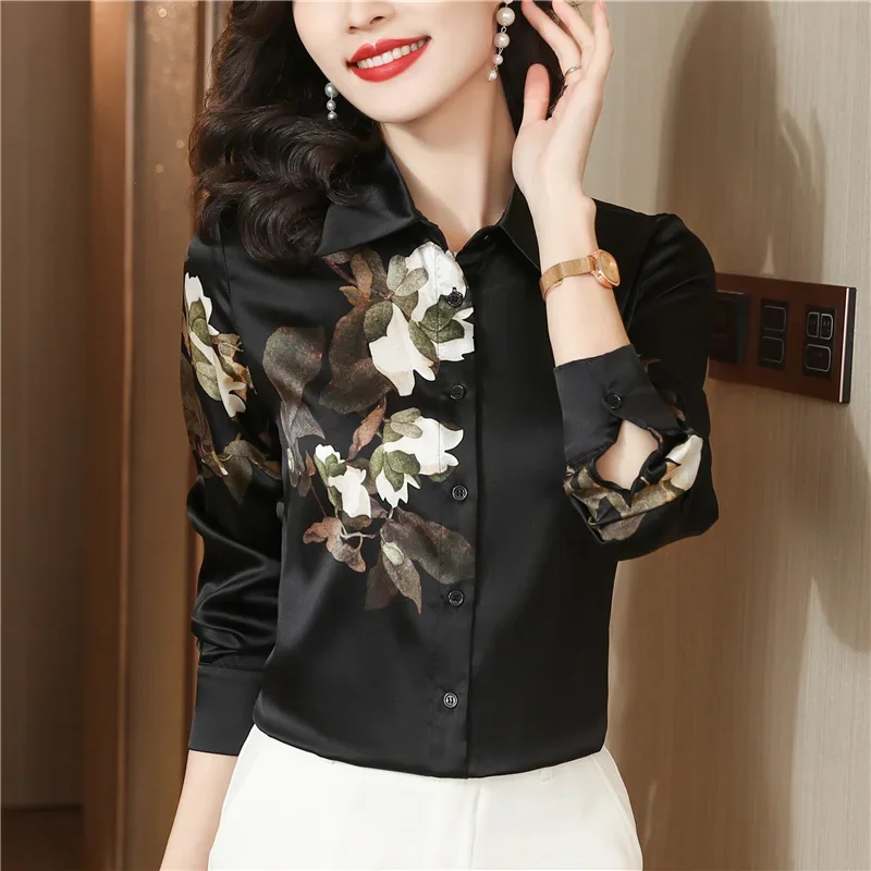 Satin Vintage Women Blouses Loose Long Sleeves Prints Casual Top Clothing Sales Summer Silk Korean Women\'s Shirts