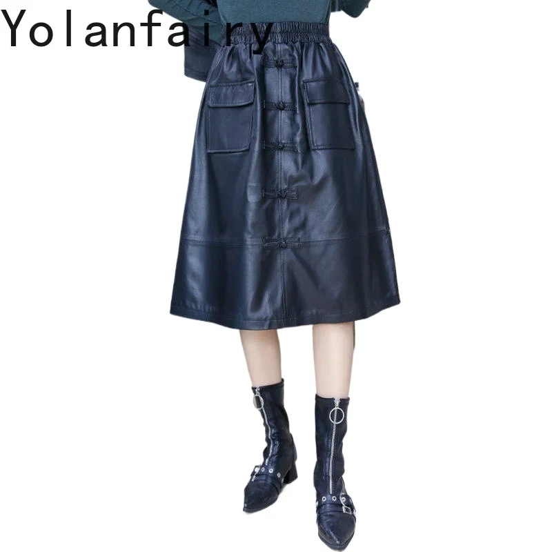 YOLANFAIRY Women Genuine Sheepskin Leather Skirt Autumn Winter Fashion Red A Line Elastic Waist Tang Buttons Real Leather Skirts