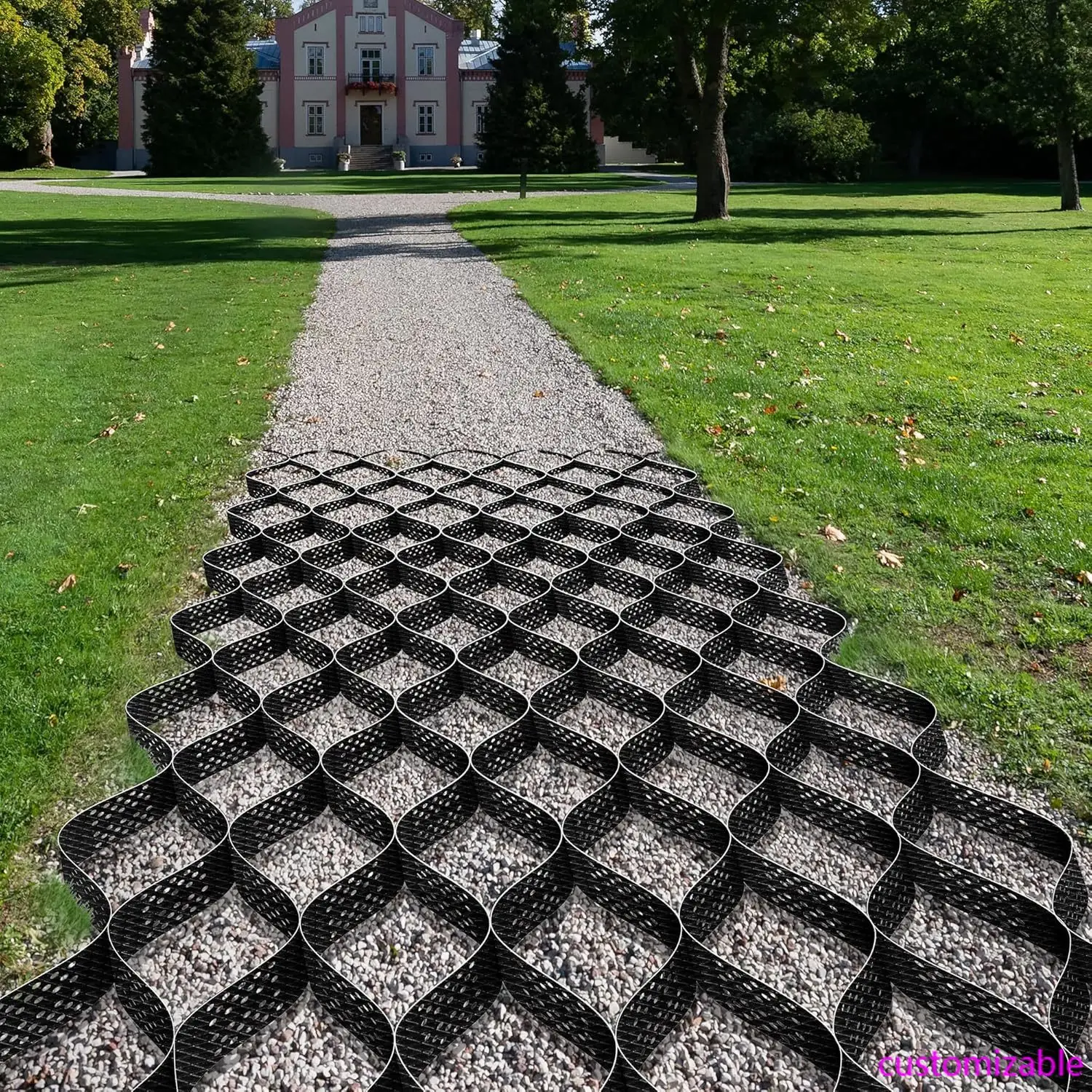 4’’ Depth Ground Grid, 9x17 ft, High-Density HDPE Geo Cell, 1885 lbs per sq ft Load, Foldable & Tensile, Easy Installation