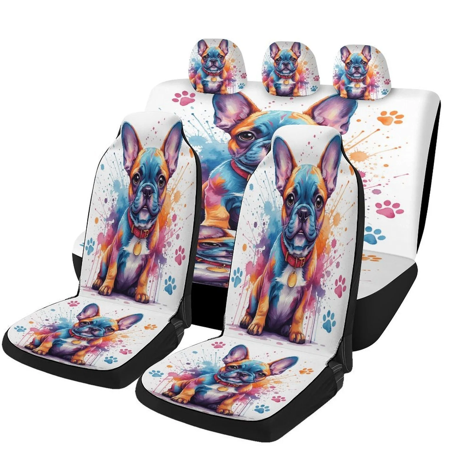 Colorful Pup Art Themed Car Seat Cover Set - Trendy High-Quality Polyester Full Set For 2 Front & Rear Seats, Fashionable Design