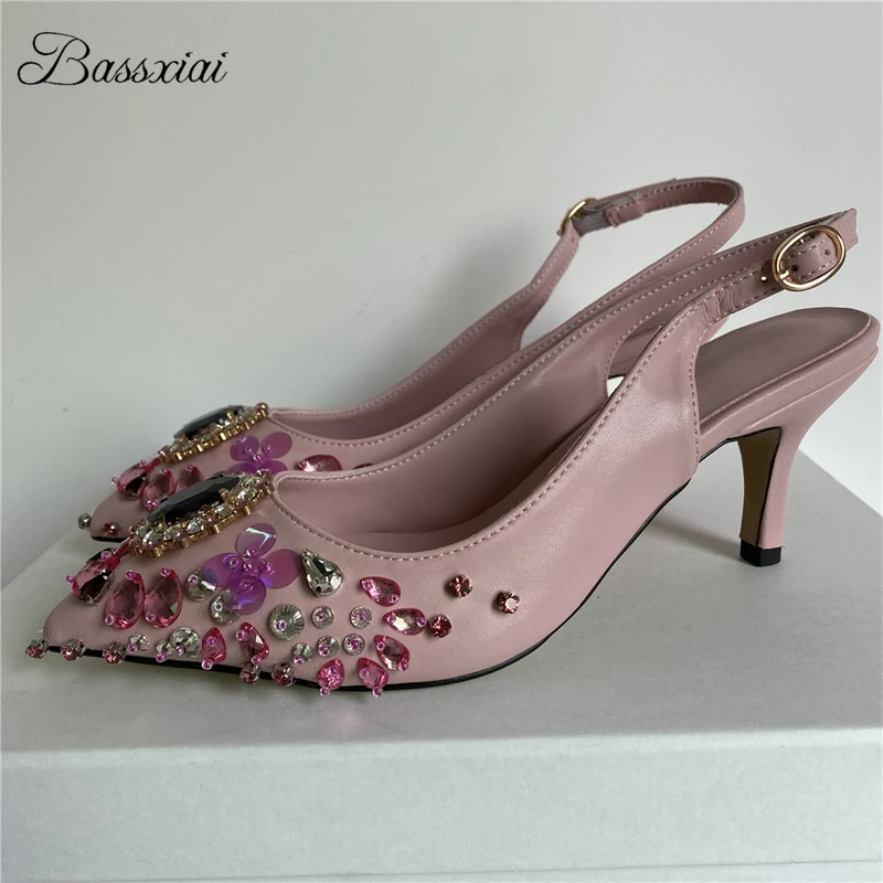 

Женские туфли-лодочки с блестками и кристаллами, украшенные драгоценными камнями, роскошные вечерние туфли из натуральной кожи с ремешком на спине и стразами и бриллиантами