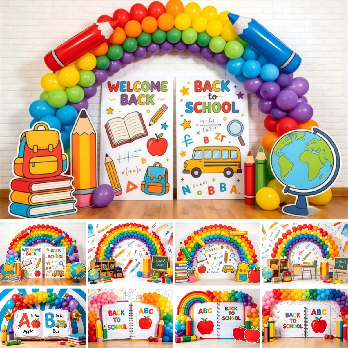 Fotohintergrund für den Schulanfang, Regenbogen-Ballonbogen, Raumdekoration, Schulbus, Buch, Kinderporträt, Fotohintergrund