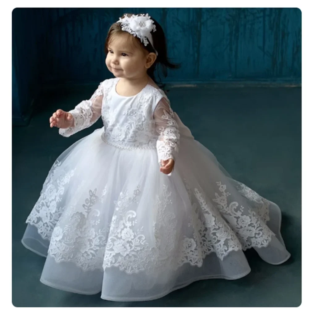 

Customized White Flower Girl Dresses Full Sleeve Puffy for Weddings Kids Birthday Party Pageant First Communion Ball Gowns