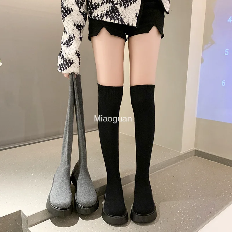 2023 Winter Autumn Women\'s Platform Over The Knee Boots Ladies Stretch Knitted Socks Long Boots Slip on Thick Bottom Shoes Woman