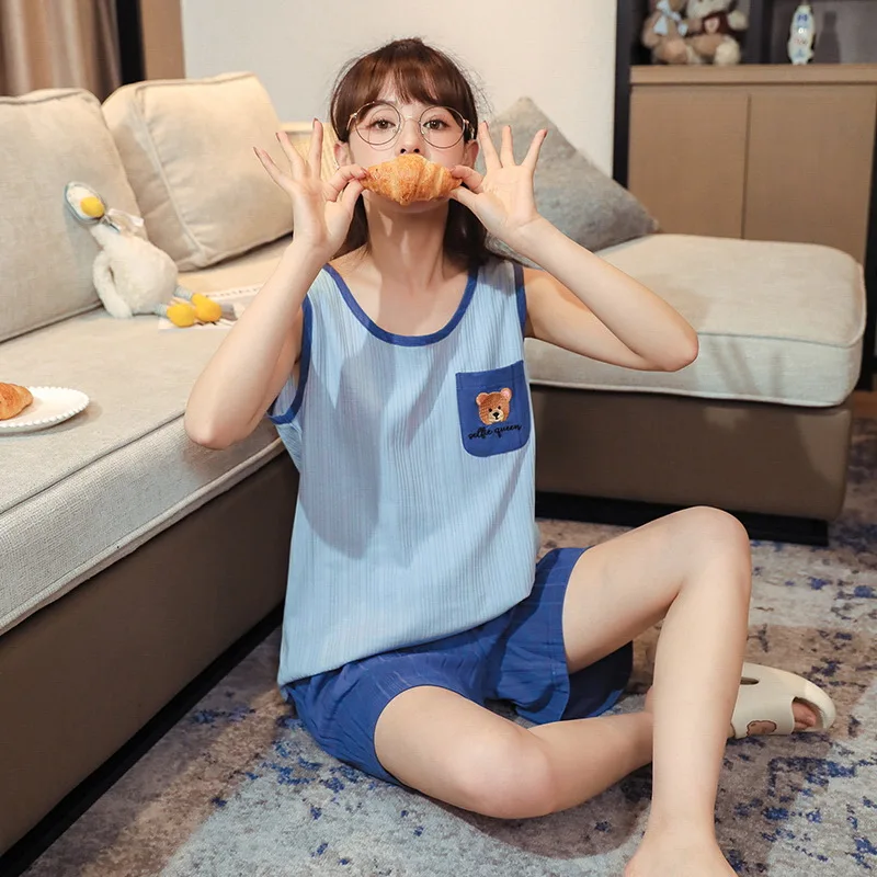 여름 새 코튼 여성 Nightwear 여성 느슨한 캐주얼 잠옷 레이디 민소매와 반바지 Sleepwear Cartoon Homewear