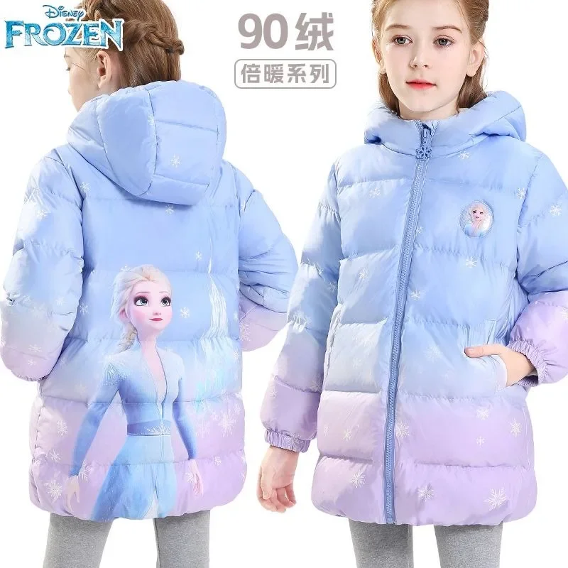 Disney Frozen Elsa Girls' Down Jacket Children's Hooded Mid-Length Baby Warm Fashion Cute Printed Down Jacket Birthday Gift