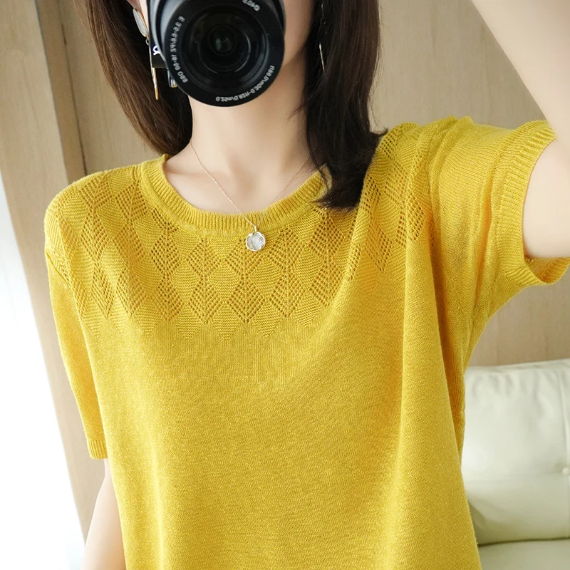 المرأة تي شيرت صيف جديد 100% القطن محبوك قصيرة الأكمام عادية الجوف خارج بلوزة ملابس السيدات O البلوز تيز فضفاض القمم