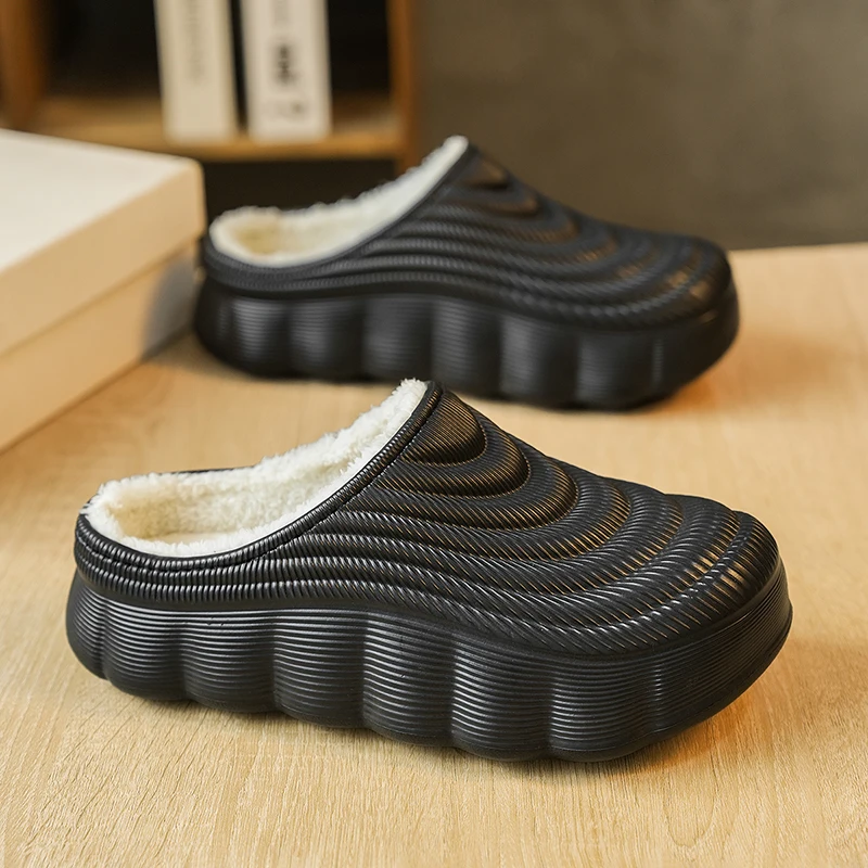 Unisex Chunky Winter Slippers Wavy Texture Thick Platform Clogs Faux Sherpa Lined House Shoes Casual Slip On Footwear