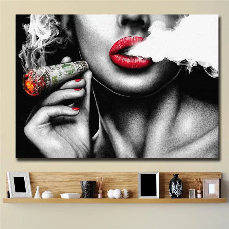 Red Lips Smoking Characters Prints Paintings Women Canvas Painting Home Decor Wall Art For Living Room Bedroom Poster Decoration