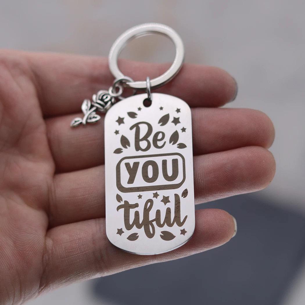 Keychain Personalize Scrawl Be you Laser Engraved Letter Rose Flower Pendant Stainless Steel Accessories Key Ring for Women Men