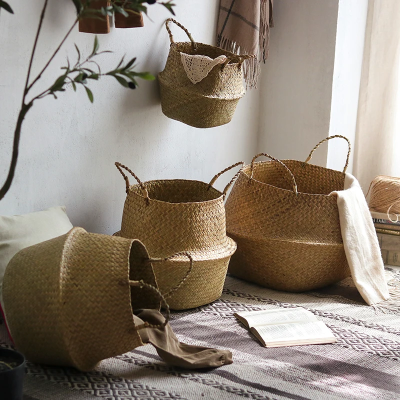 Seaweed woven folding storage basket Flower basket rattan woven portable pot living room decoration storage basket