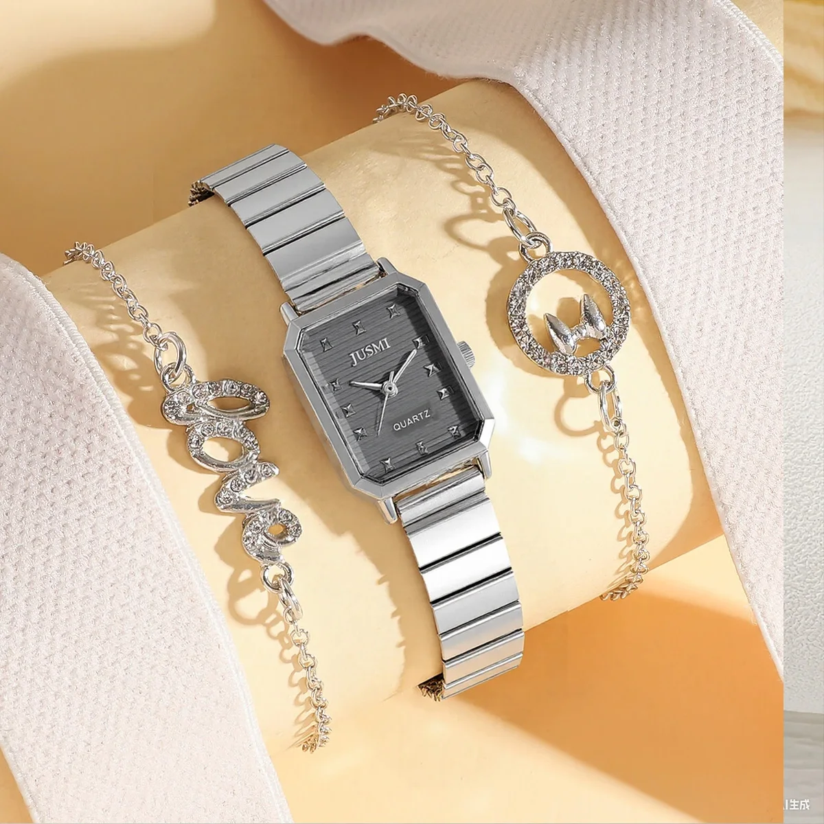 

Fashionable simple and elegant alloy square dial women's quartz watch and bracelet 3-piece set, suitable for daily wear, Christm