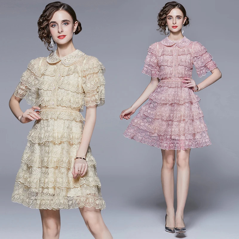 Luxury Steet Women Pink Mesh Diamonds Cake Dress Runway Summer Layers Ruffles Flower Embroidery Short Sleeve Party Dress