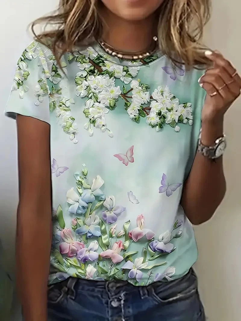 

Ladies PLUS Size 3D Floral Printed Short Sleeved T-shirt, Loose and Casual, Soft, Comfortable and Breathable, Outdoor Sports