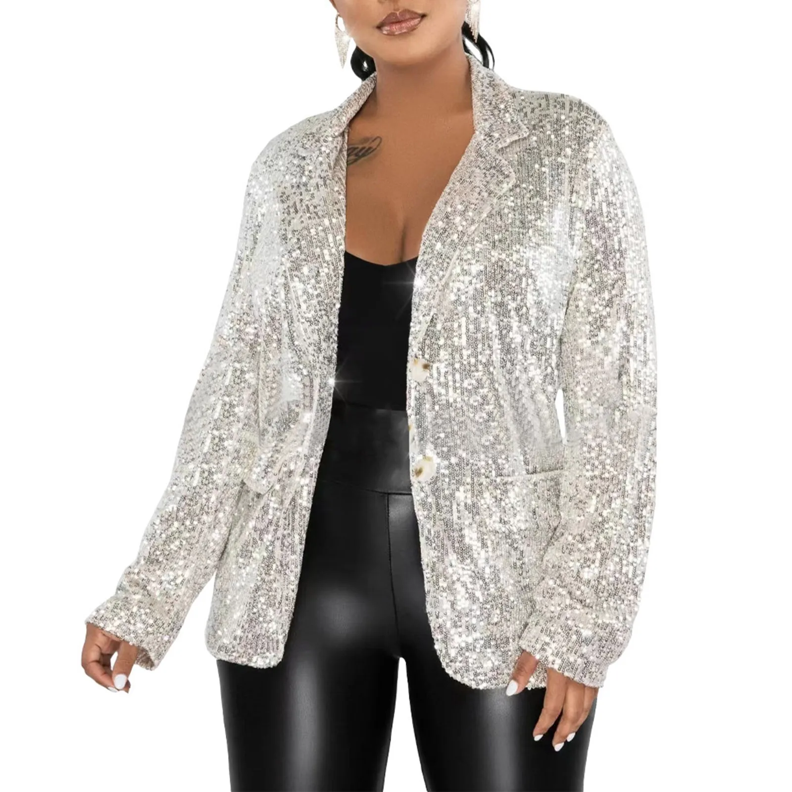 Fashion Sexy Sequin Jacket for Women Open Front Blazer Sparkle Top Long Sleeve Cardigan Coat Bomber Jackets Y2K Blouses Clubwear