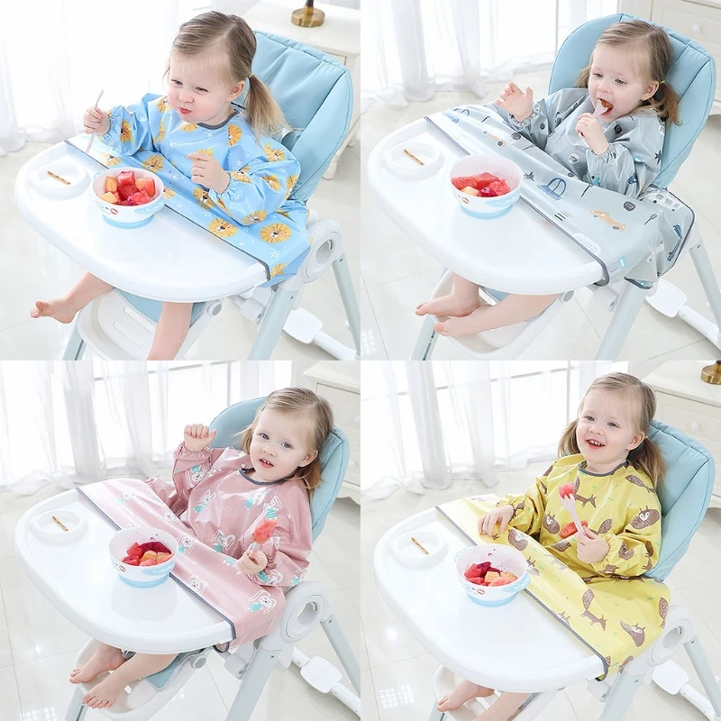 Newborn Long Sleeve Bib Coverall with Table Cloth Cover Baby Dining Chair Gown Waterproof Saliva Towel Burp Apron