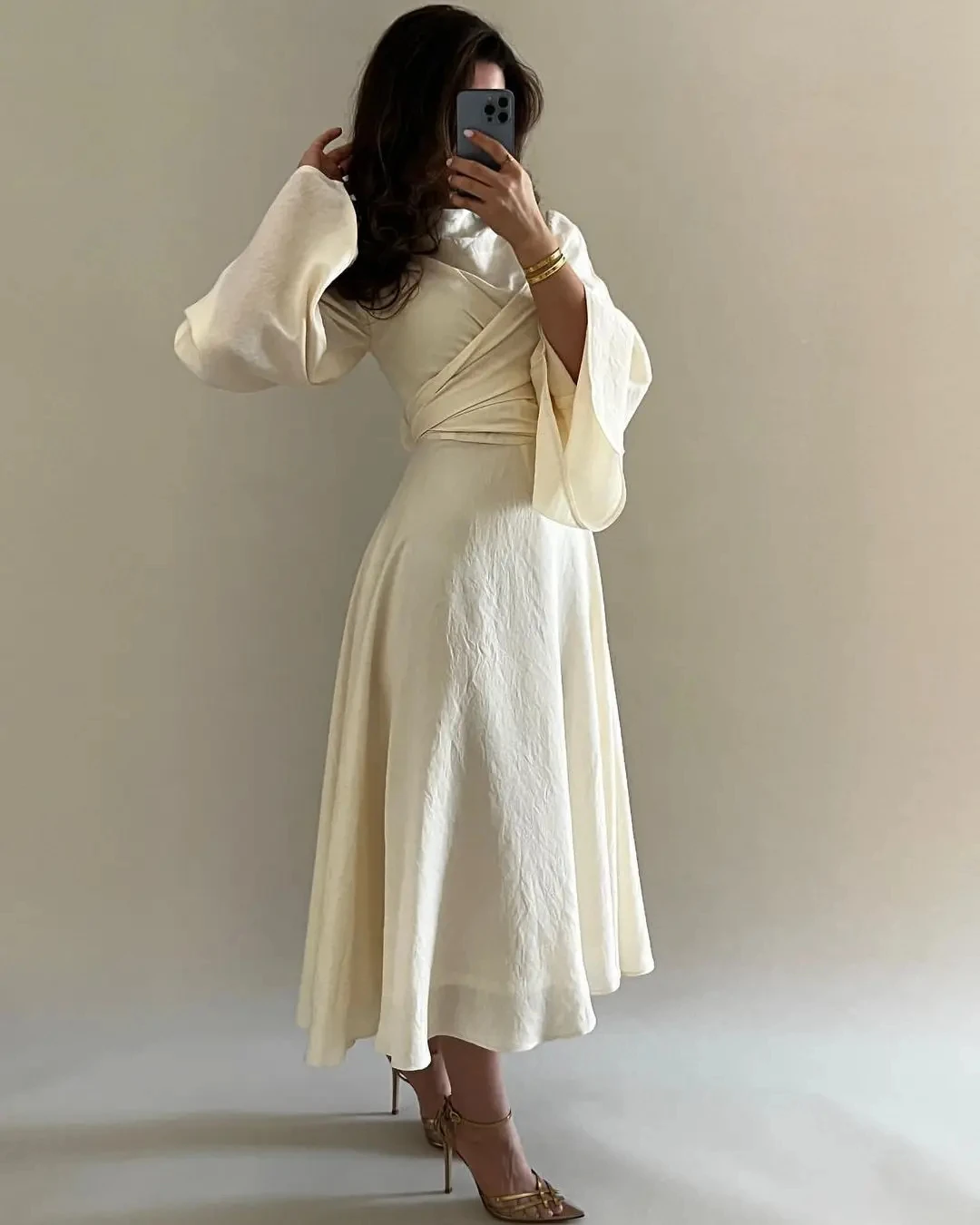 Simple Pleated Chiffon Prom Dress Long Sleeve A-Line O-Neck Ankle-Length Back Zipper Saudi Arabia Evening Party Gown Wedding