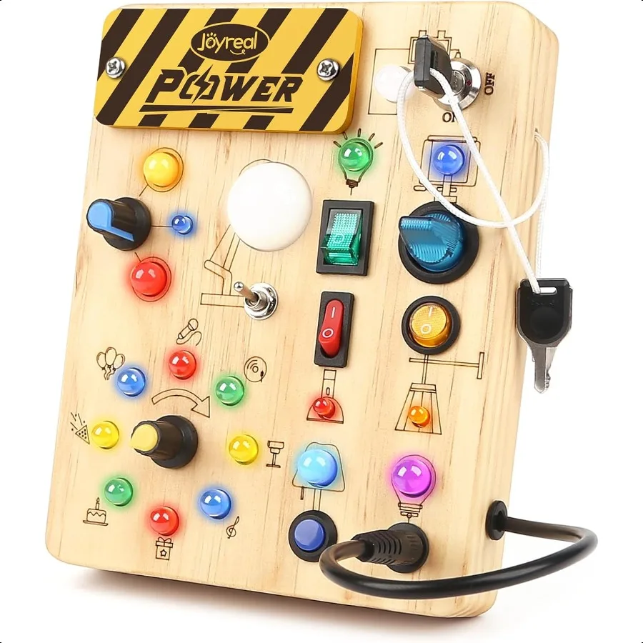 Joyreal Montori – planche occupée, jouets sensoriels en bois pour tout-petits, avec interrupteur lumineux LED, planche Fidget pour bébé, jouets de voyage pour 18 ans et plus mois
