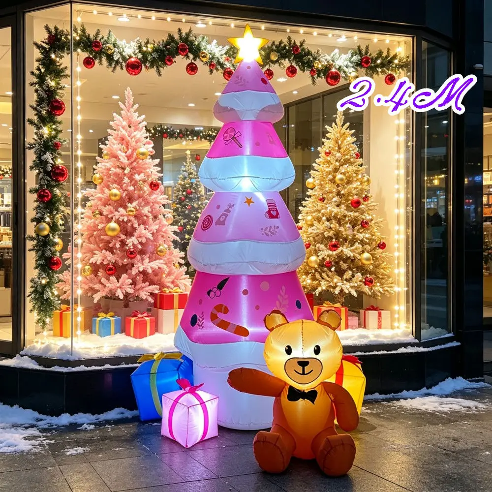 Giant Inflatable 2.4M Christmas Inflatable Pink Tree Teddy Bear Gift Pack LED Lights Indoor Outdoor Courtyard Balcony Decoration