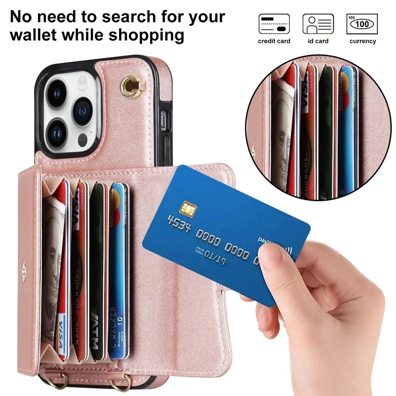 

Luxury Crossbody Organ Leather Case for iPhone 13 14 15 12 11 Pro Max Mini X XS XR 7 8 Plus Wallet Cover Cards Holder Pocket