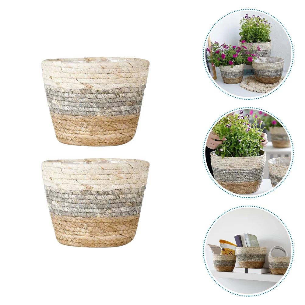 

2 Pcs Flower Basket Multi-purpose Baskets Desktop Weaving Pots Rectangular Straw Decorative Woven Round Flowerpots