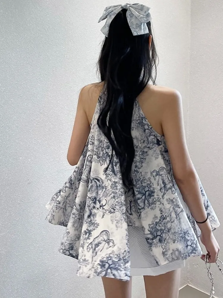 بلوزة صيفية أنيقة بطباعة سومي عتيقة بدون أكمام للنساء، قميص شيفون فضفاض بتصميم رقيق وأنيق