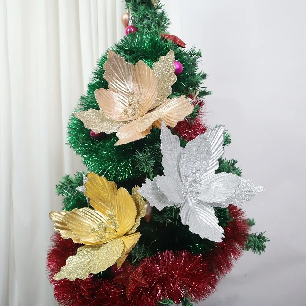 Simulated Christmas Tree Flowers Bright Color Glossy Fabric Christmas Tree Decoration Rose Gold Artificial Flowers Store Display